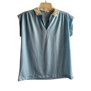 Vintage Baby Blue Blouse Womens L XL Lace Collar Cottagecore